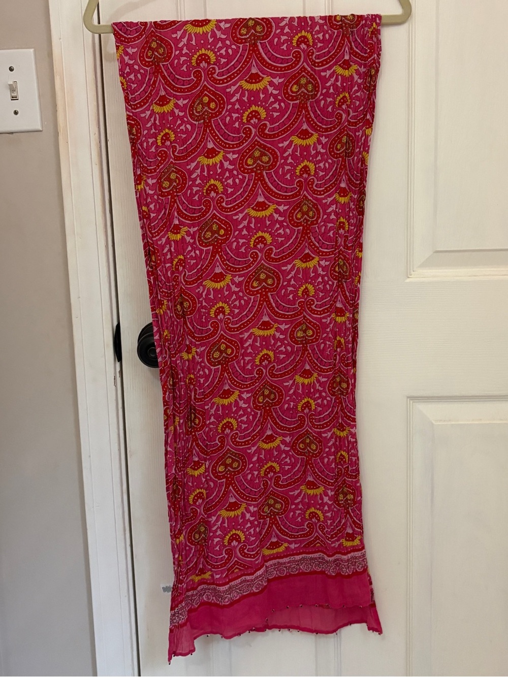 Vibrant Pink, Red, and Yellow Scarf with Glitter and Bead Details